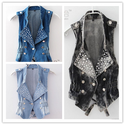 Big size XXL lady sleeveless jeans coat turn-down collar waistcoats Denim jacket short coat four designs