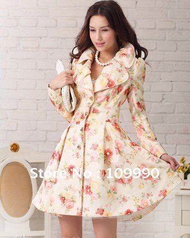 Big skirt roses sweet dignified Jacket elegant women coat long lady overcoat now fashion train good quality free shipping