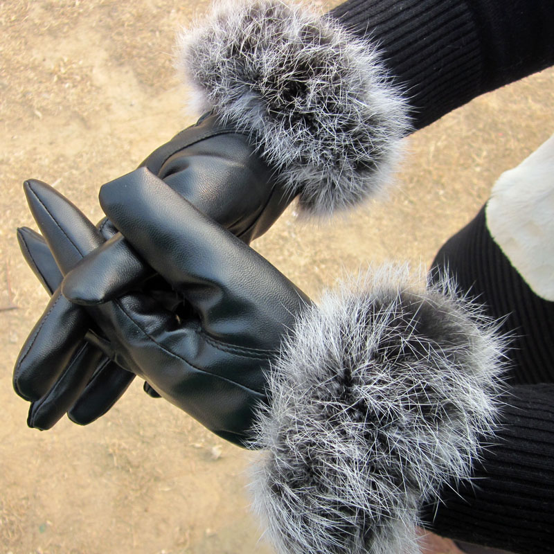 Big wool PU 2013 fashion autumn winter spring thermal plus velvet women's leather gloves rabbit fur 13022503