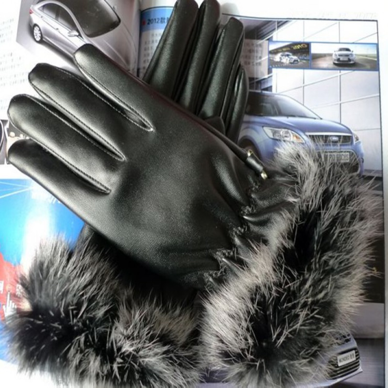 Big wool PU gloves women's winter thermal plus velvet women's leather gloves rabbit fur Women