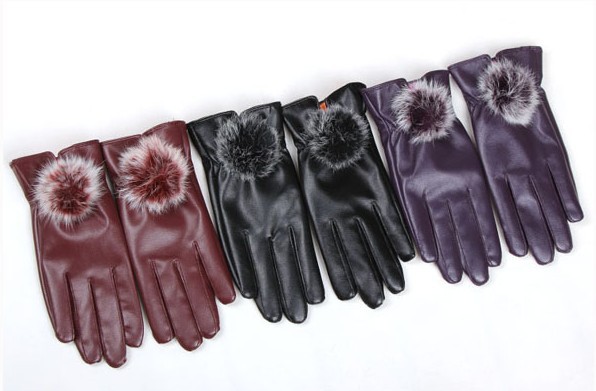 Biker gloves Cashmere with hair ball PU Leather Ladies Gloves Ladies warm PU leather gloves 20pcs