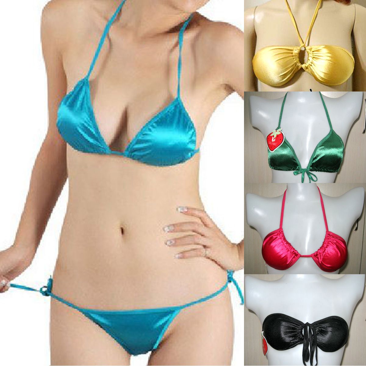 Bikini skimpily bra set glossy halter-neck triangle cup silks and satins wire satin underwear fabric panties