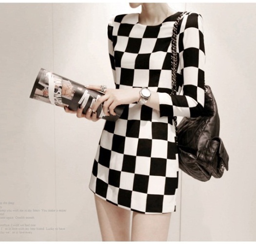 Bingbing Fan Women Checker Board Three Quater Sleeve Fashion Celebrity Dress Free Shipping yn1083
