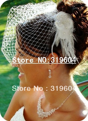 BIR-09036 Fashion White Tulle Feather Flowers Handmade With Beads Low Price Birdcage Veil
