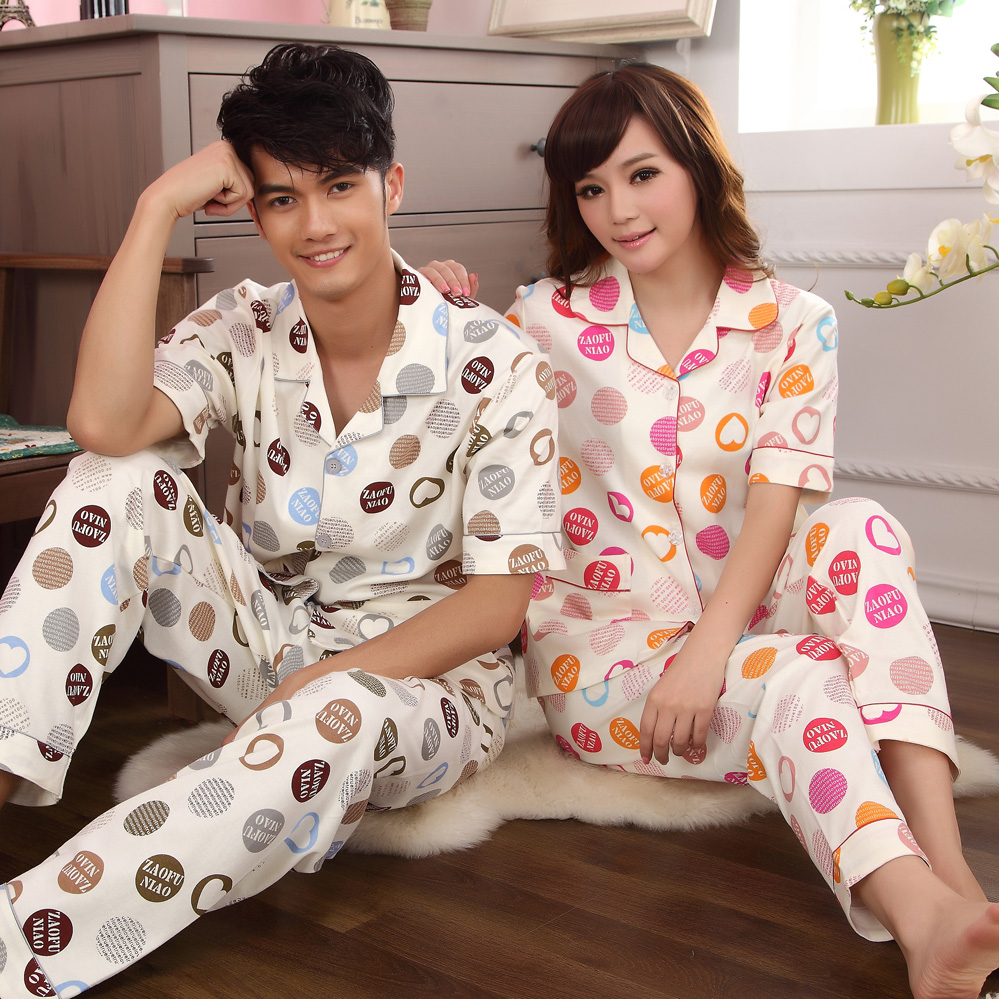 Bird 2013 summer short sleeve length pants lovers sleepwear 100% cotton turn-down collar lounge set
