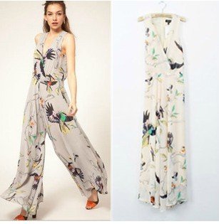 Bird pattern chiffon piece wide leg pants slacks