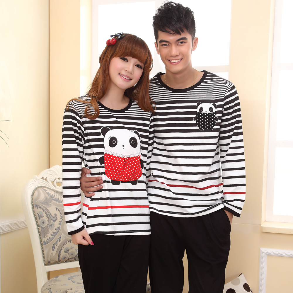Bird spring and autumn lovers sleepwear male women's cartoon panda cotton long-sleeve stripe lounge set