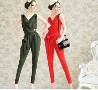 Birthday Gifts!Fashion V-neck Lady's Rompers Waist Fold the Harem Pants Jumpsuit Women's overall Long Pants With Elegant Bow