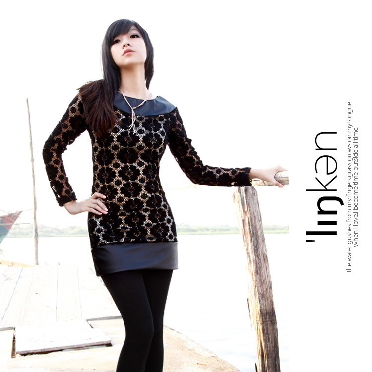 Black 171 mohini 2012 autumn and winter flower cutout lace leather low collar one-piece dress