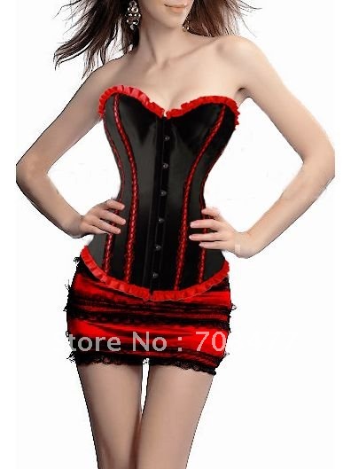 Black and red CB1635b strapless corset with front bust closure lace up back for cinching and matching thong size s m l xl