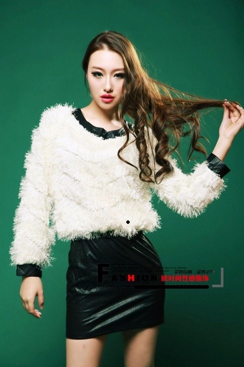 Black and white color matching false two imitation leather bag hip cultivate one's morality long-sleeved dress+free shipping