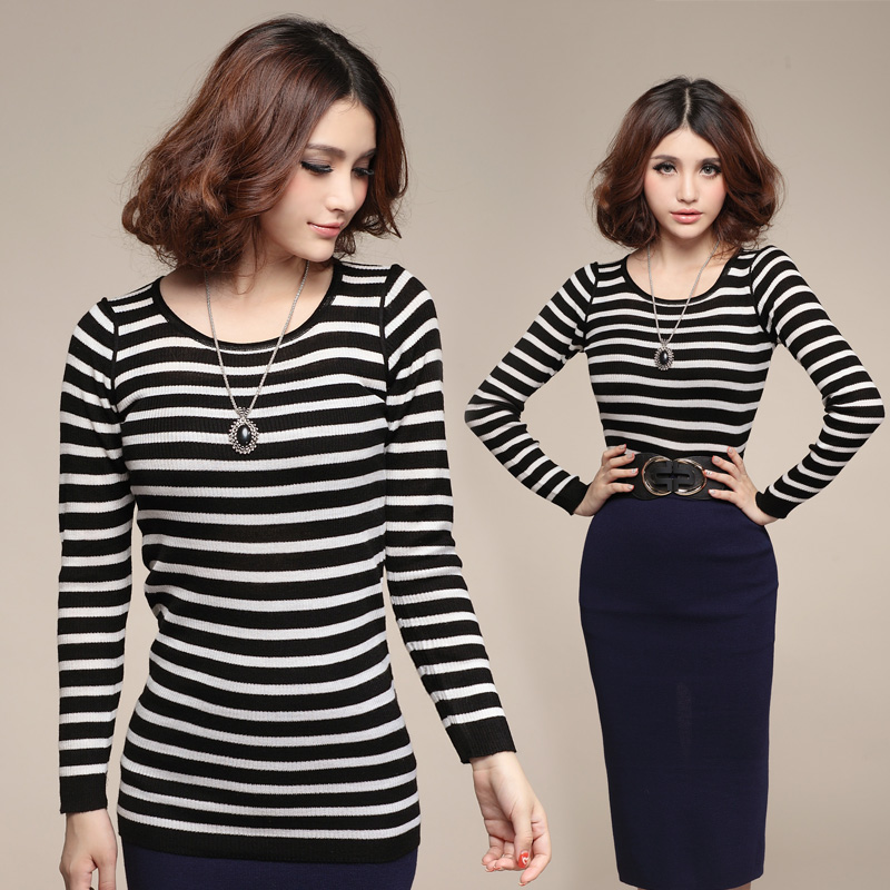 Black and white horizontal stripe long-sleeve medium-long basic o-neck women's stripe free shipping