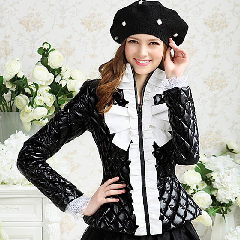 Black and white ruffle bow women's down coat