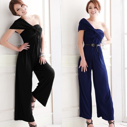 Black/Blue/Purple Fashion Elegant One Shoulder Women Long Jumpsuit Romper Pants Overall Summer Wide Leg Tube Top Free Shipping