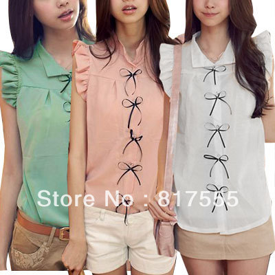 Black Bowknot Decor Front Pink Ruffled Hem Sleeveless Blouse XS for Lady