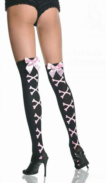 Black Brand New Sexy Stocking Printed Cross Bones and Satin Bow Fashion punk sock