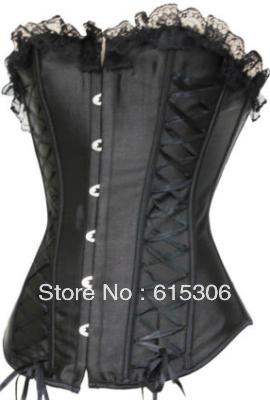 BLACK - BUSTIER , FREE SHIPPING , Black with Black lace overbust corset , wholesale retail