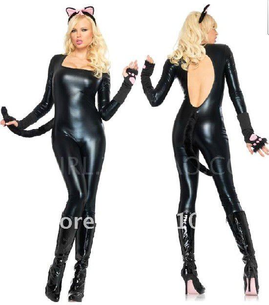 BLACK CAT LATEX COSTUMES CROTCHLESS CATSUIT Jumpsuit SEXY LINGERIE F41