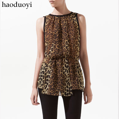 Black chiffon leopard print usuginu blouse sleeveless slim waist leopard print chiffon shirt 6 full