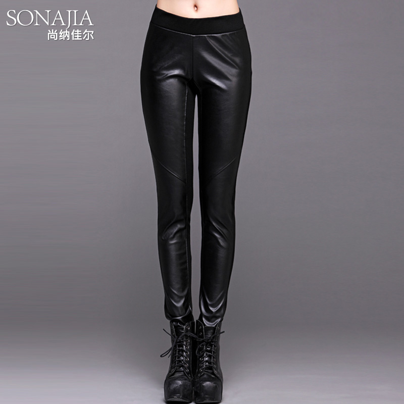 Black colorant match leather elastic slim all-match skinny pants leather pants casual pants trousers 0286