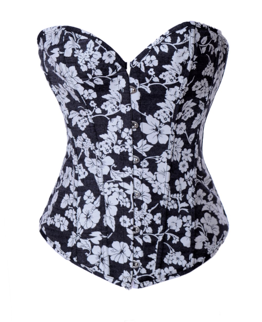 black corset with white flowers pattern overbust corset  sexy lingerie Free shipping - 2888