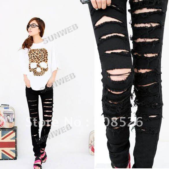 Black  Cotton Denim Ripped Punk Cut-out Women Skinny pants Jeans Jeggings Trousers Size SML free shipping 7340
