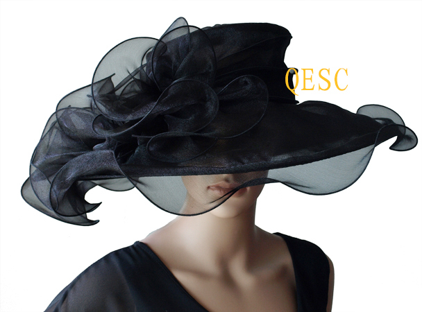 Black Crystal Organza  Hat with Large Organza Trim for party.brim width 13.5cm.FREE SHIPPING.