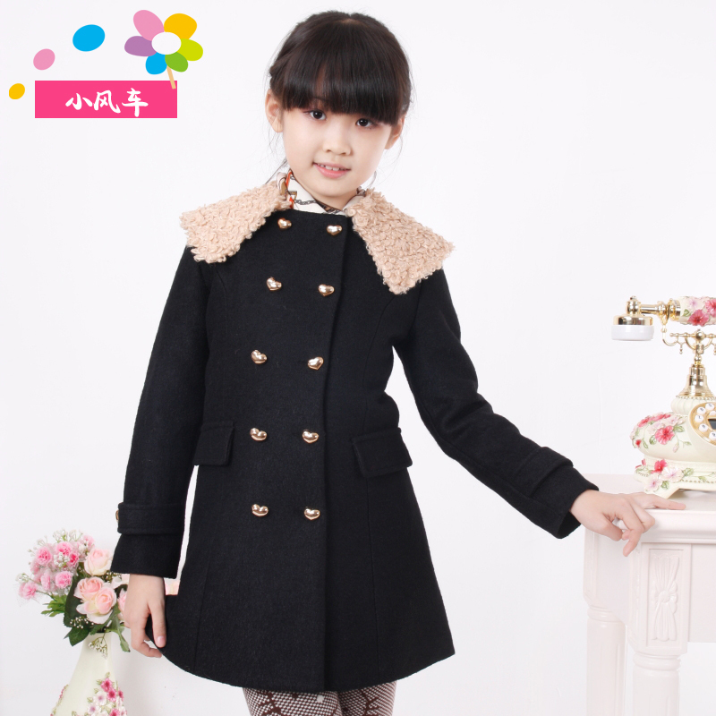 Black double breasted woolen female child overcoat child long design cotton outerwear 2013 children's spring and autumn clothing