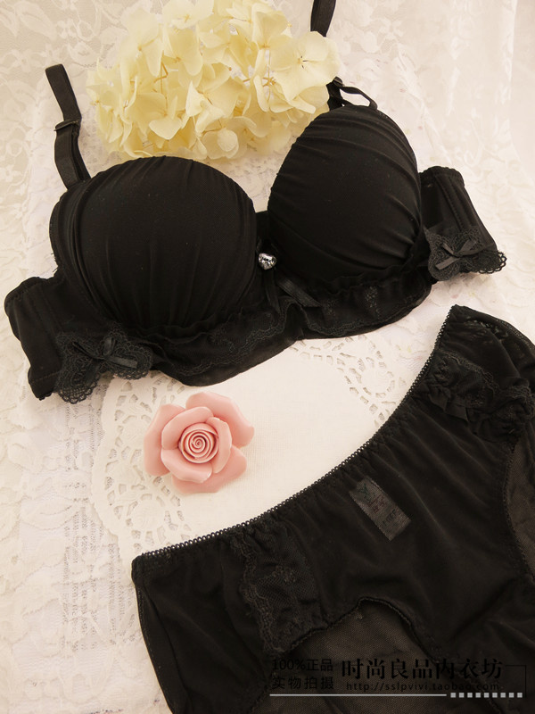 Black embroidery butterfly super soft gauze 3 breasted underwear set push up bra set