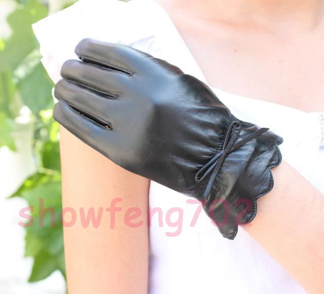 Black Fashion Women Flounce Genuine Lamb Leather Wrist Gloves M L