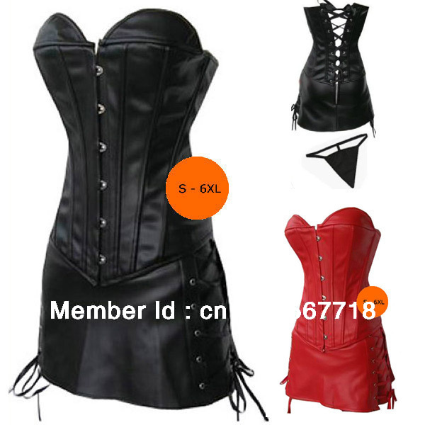 Black Faux Leather Corset Bustier Skirt Mini Dress G-string SEXY GOTH PUNK S-2XL Wholesale  Free Shipping
