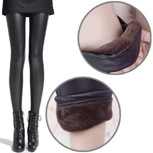 Black faux leather flat legging plus velvet slim thermal ankle length trousers female