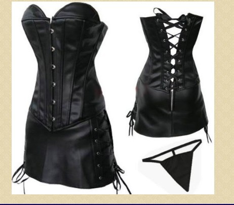 Black faux leather lace up boned corset busiter top+mini skirt+G-string S-2XL