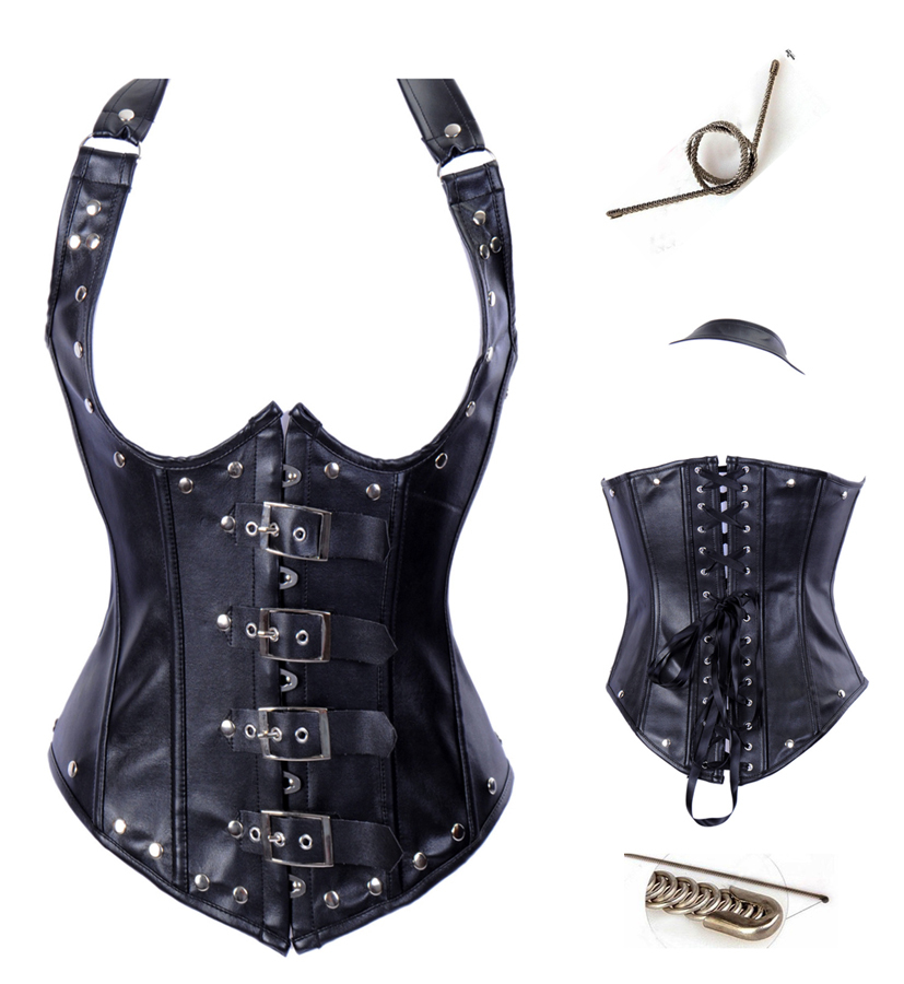 Black faux leather spiral steel boned lace up on back with strap  high quality  S-2XL