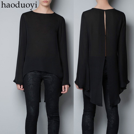 Black faux silk beaded back irregular sweep studio cloak women shirt