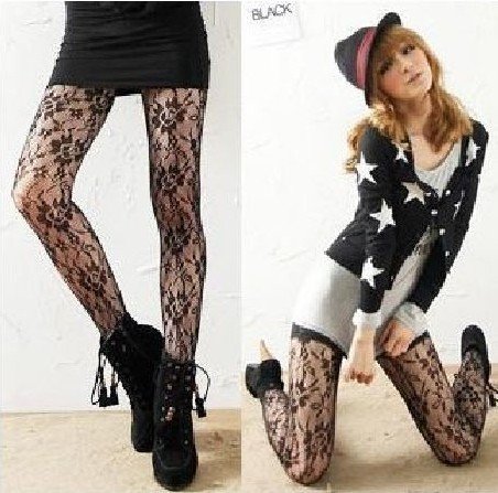 Black Fishnet Sexy Fashion Slimming Solid Hosiery flower Tights Pantyhose