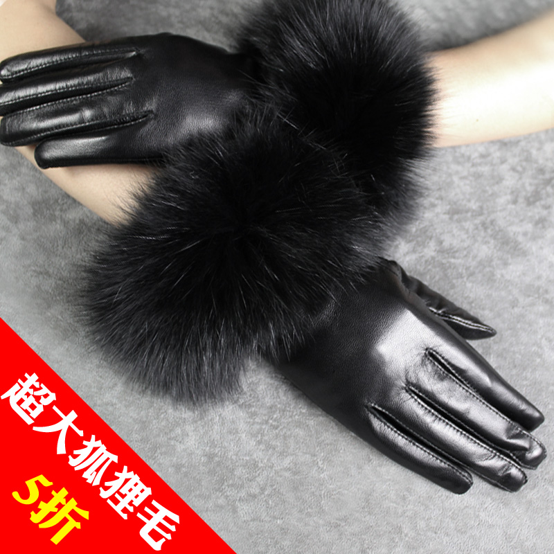 Black fox fur gloves suede genuine leather gloves women's winter thermal gloves