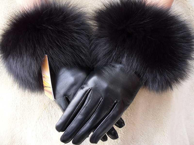 Black fox fur suede genuine leather women's noble velvet thermal gloves