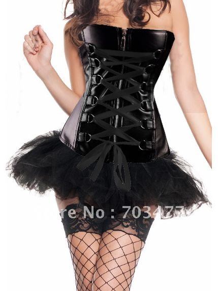 Black front zipper corset dress fashion sexy overbust corset with mini dress hot sale sexy bustier sexy corset