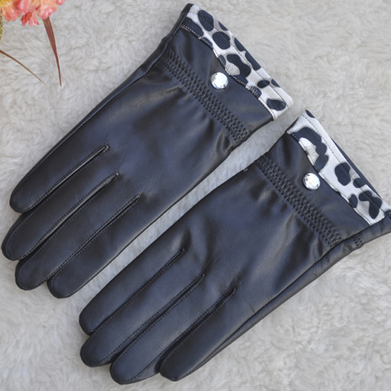 Black  Genuine leather Brand quality Woman winter gloves