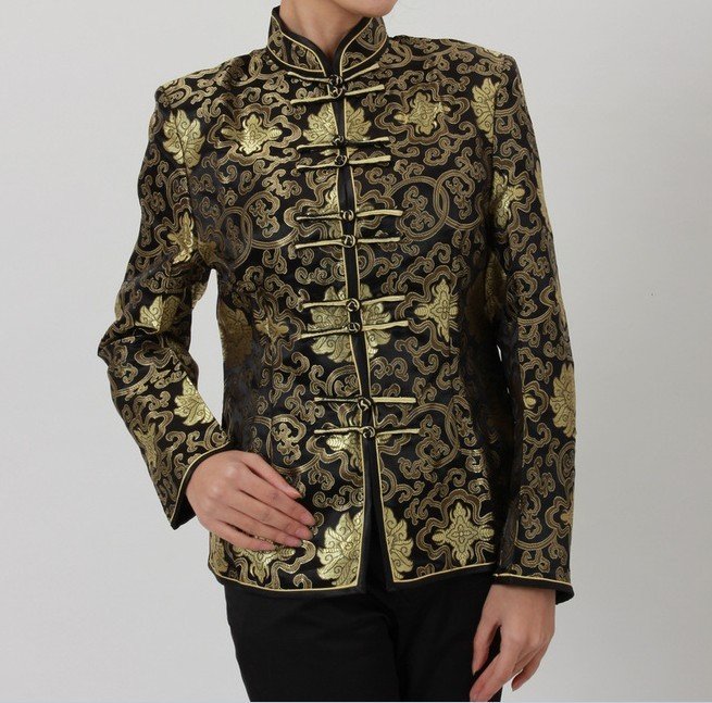 Black Gold Chinese Women's Silk Satin Jacket Coat Flowers Size S L XXL Free Shipping J0018
