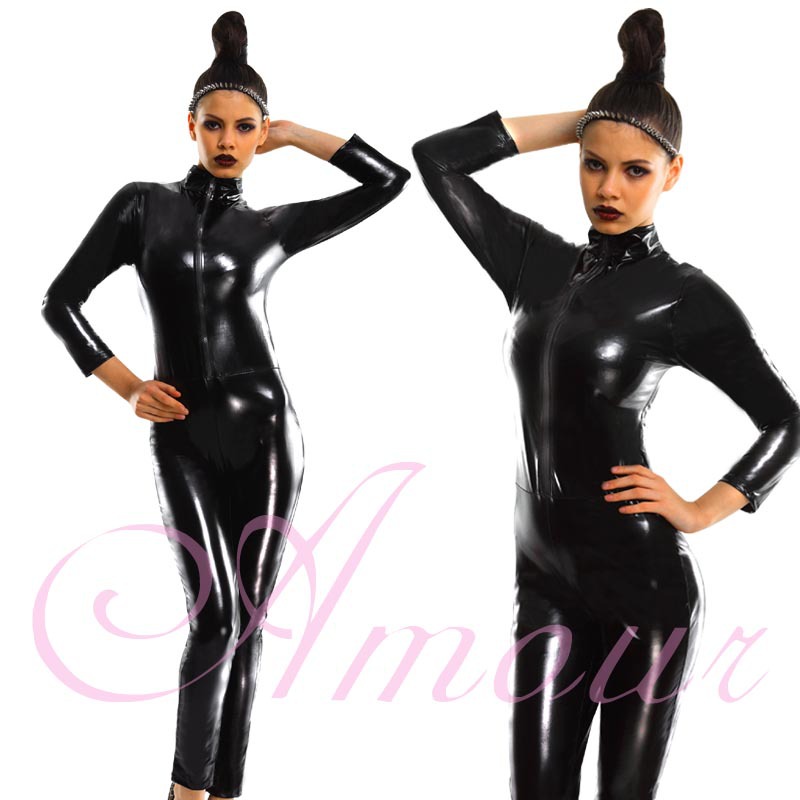 Black Goth Punk PU Faux Leather Catsuit Teddy Zipper front Clubwear @AS62