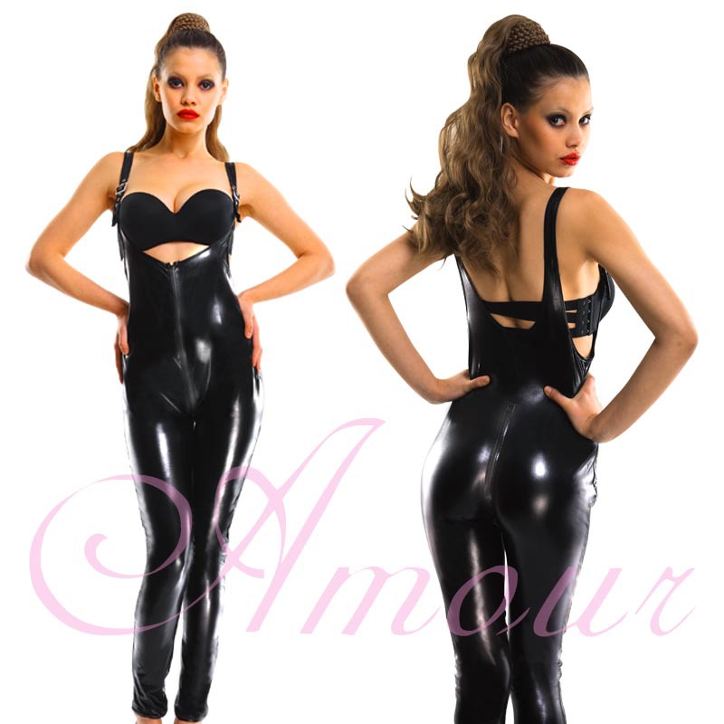 Black Gothic Punk Wetlook Back to Front Zipper Catsuit Romper with Buckles Free Shipping @P7016