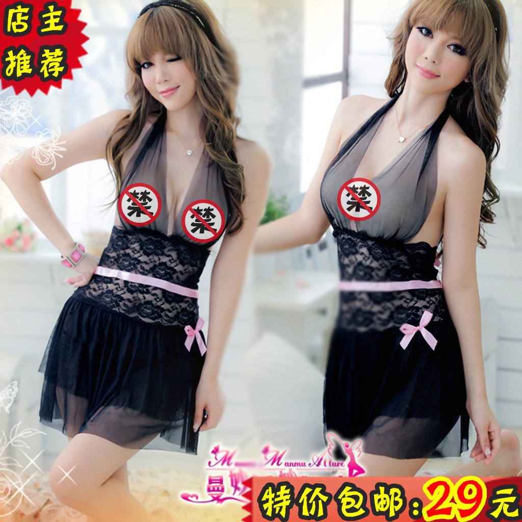 Black halter-neck nightgown summer women's sexy sleepwear spaghetti strap gauze transparent one piece temptation