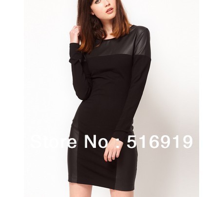 Black knitting,PU leather joining together,Long zipper autumn winter long sleeve skirt,Elastic dress,Free Shipping