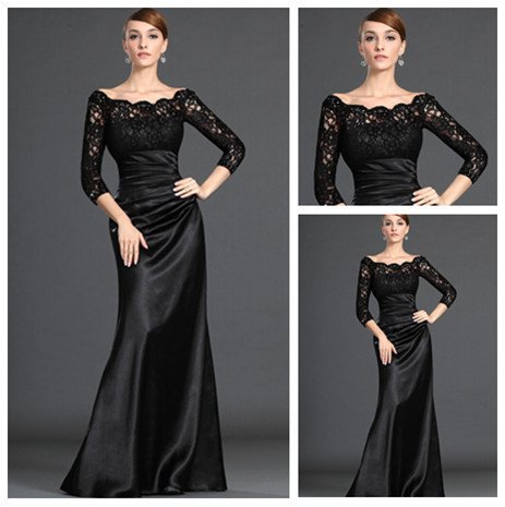 Black Lace and Satin Dresses Evening Long Sleeve Muslim Woman Lace Sleeves Evening Gowns 2012