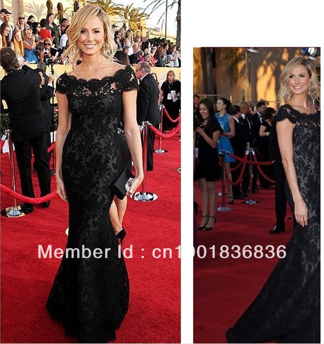 Black Lace Cover shoulder Formal Evening Prom Gown Wedding Party Celebrity Dress