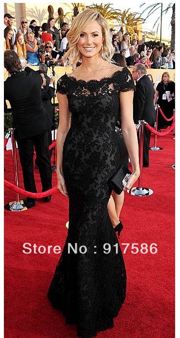 Black Lace Cover shoulder Formal Evening Prom Gown Wedding Party Celebrity Dress