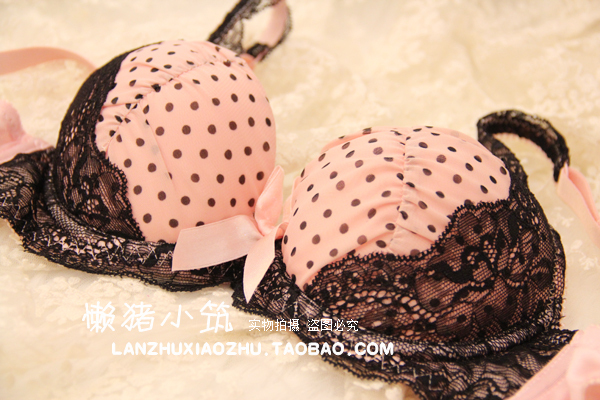 Black lace foundation dot women's natural bra push up bra underwear set 8009 pink