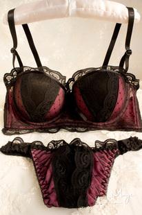 Black lace patchwork . cover cup bra set sexy temptation 3 breasted adjustable underwear